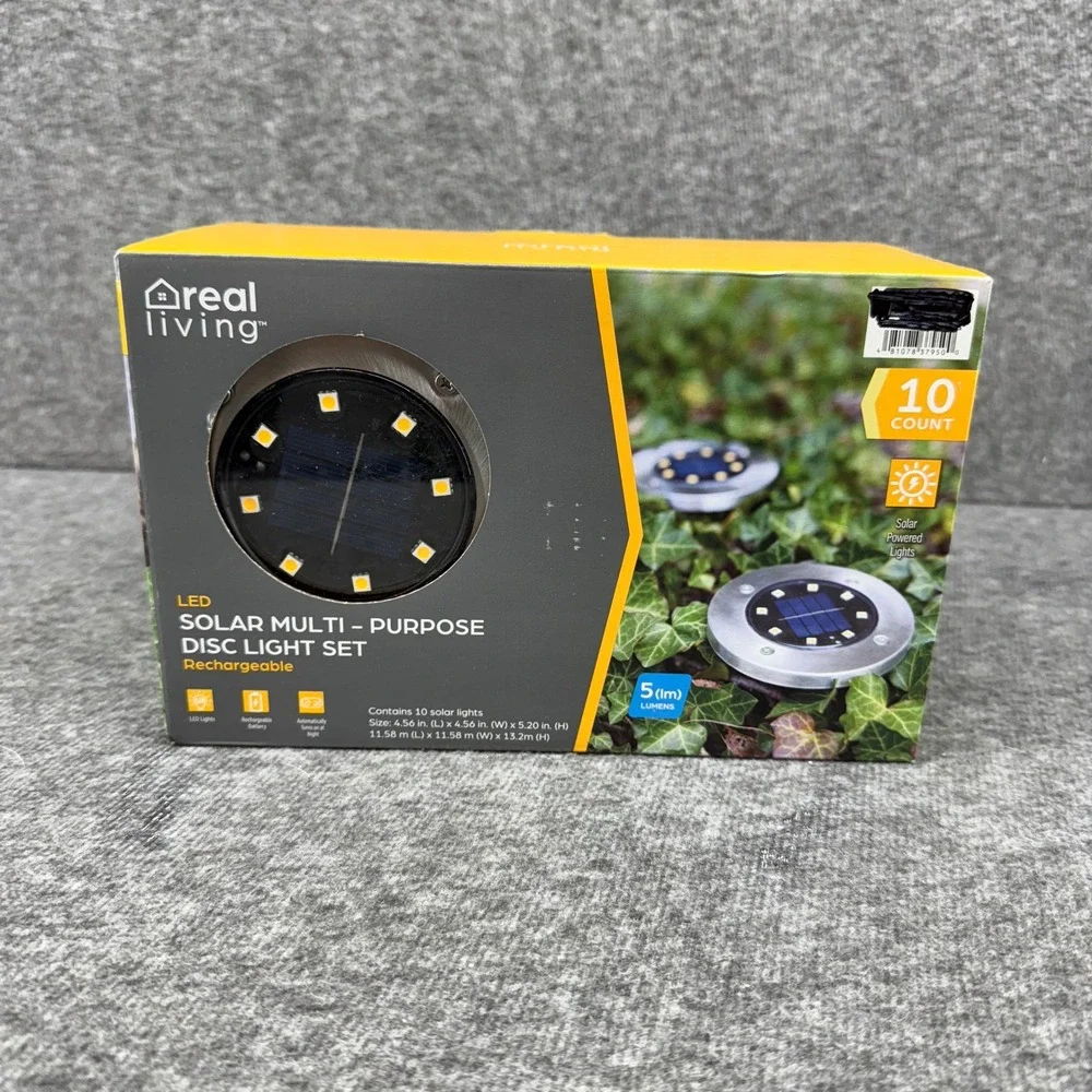 Real‎ Living 10 Count LED Solar Powered Disc Lights Rechargeable Outdoor Garden