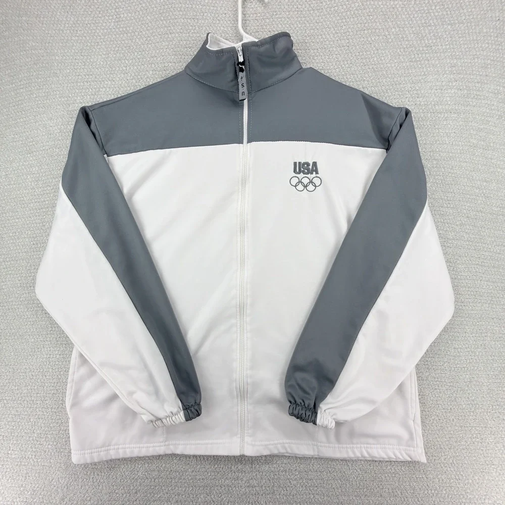 Vintage US Olympic Committee Track Jacket Mens 2XL White Gray Full Zip Team USA