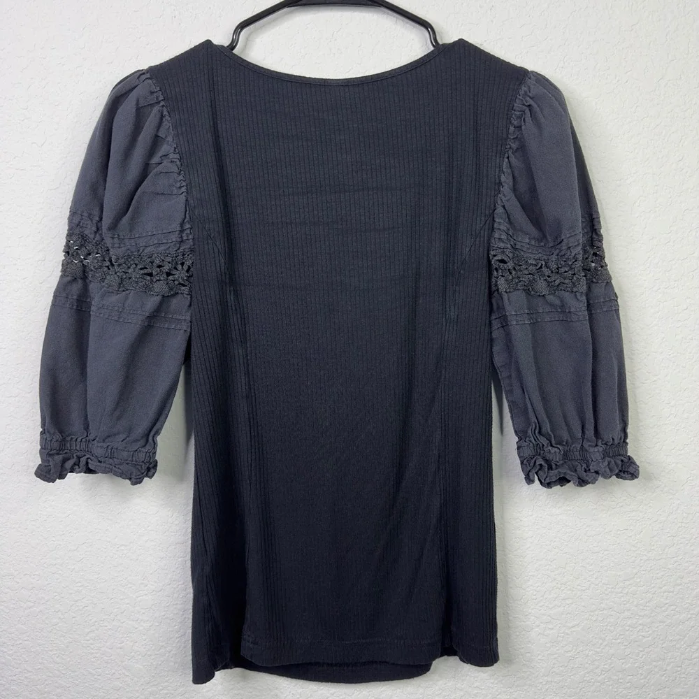 Free People Shirt S Black Ribbed‎ Puff Sleeve Crochet Lace Romantic Goth Boho