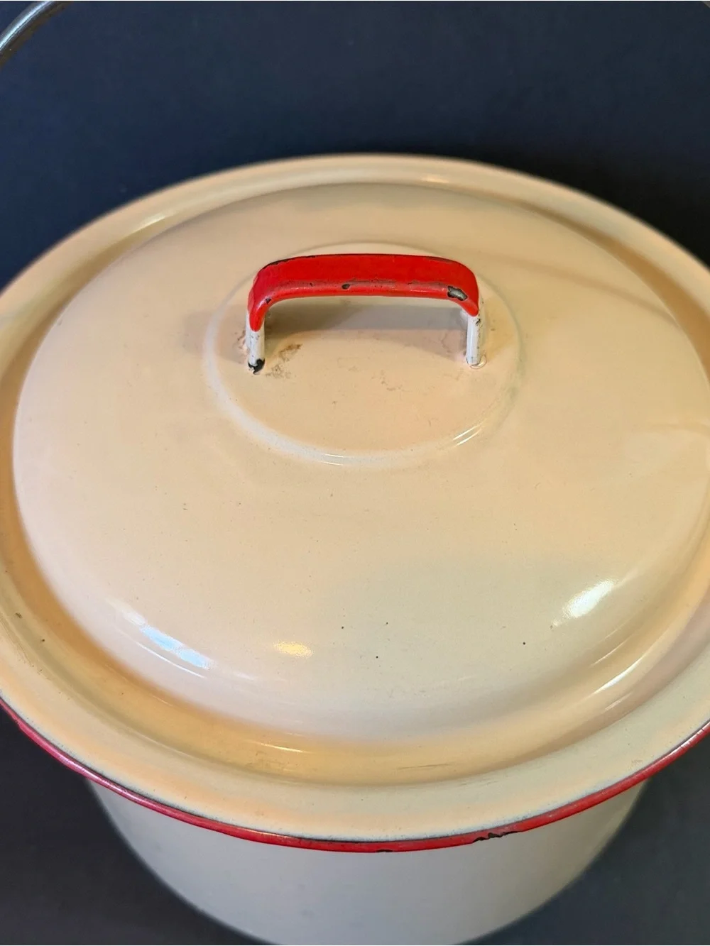 Vintage Tan & Red Trim Porcelain Enamel Cookware Pot Farmhouse Rustic Lid Chippy