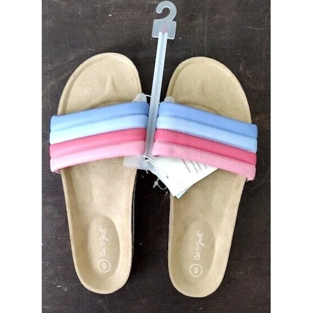 Cat Jack Kids Girls Slide‎ Sandals Size 5 Rainbow Striped Padded Slip On Shoes