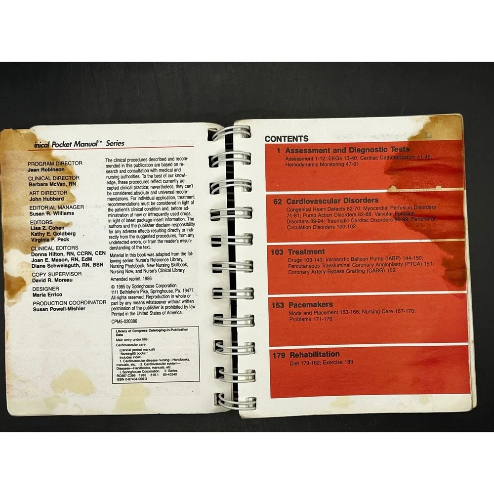 1985 Clinical Pocket Manual-CARDIOVASCULAR CARE-Nursing Book- Spiral Bound-As Is