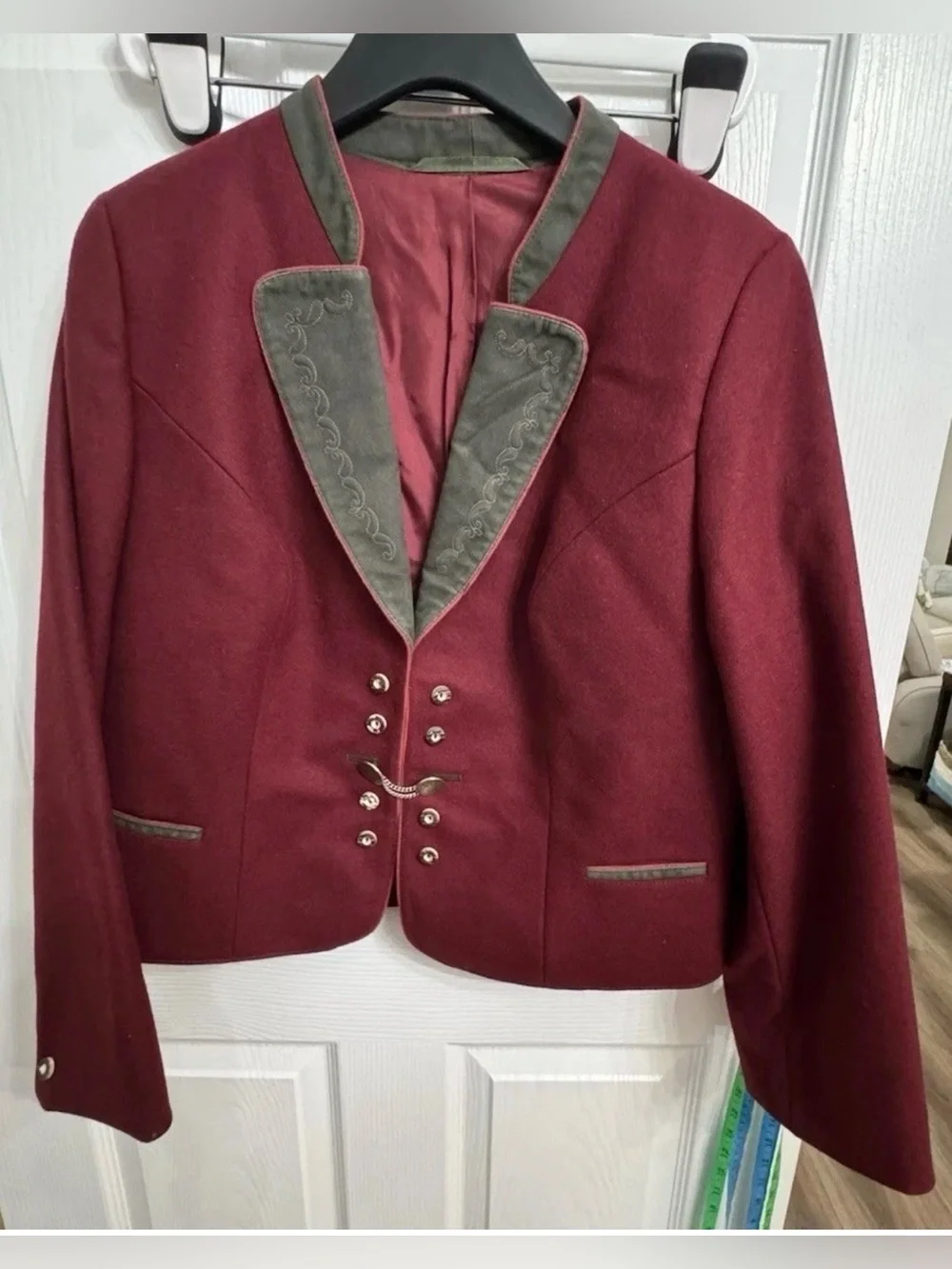 Vintage Austrian Trachten Jacket Janker Boiled Wool Green Velvet Alpine Coat 48