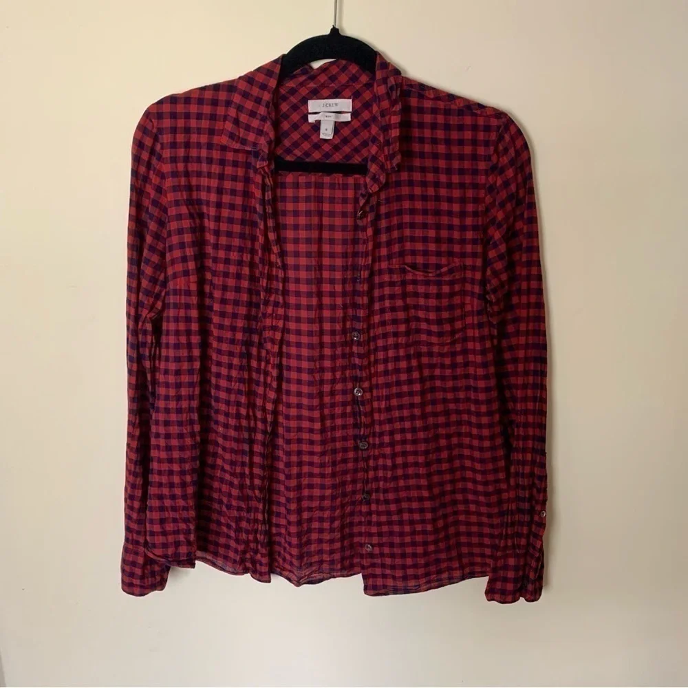 J. Crew Crinkle Boy Shirt Red Navy Check Size 6