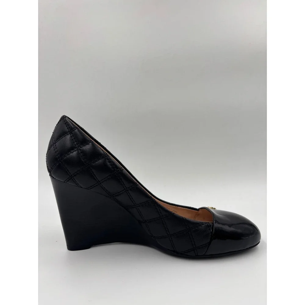 Tory Burch Claremont Black Quilted Leather Patent Cap Toe Wedge Pumps 7.5M