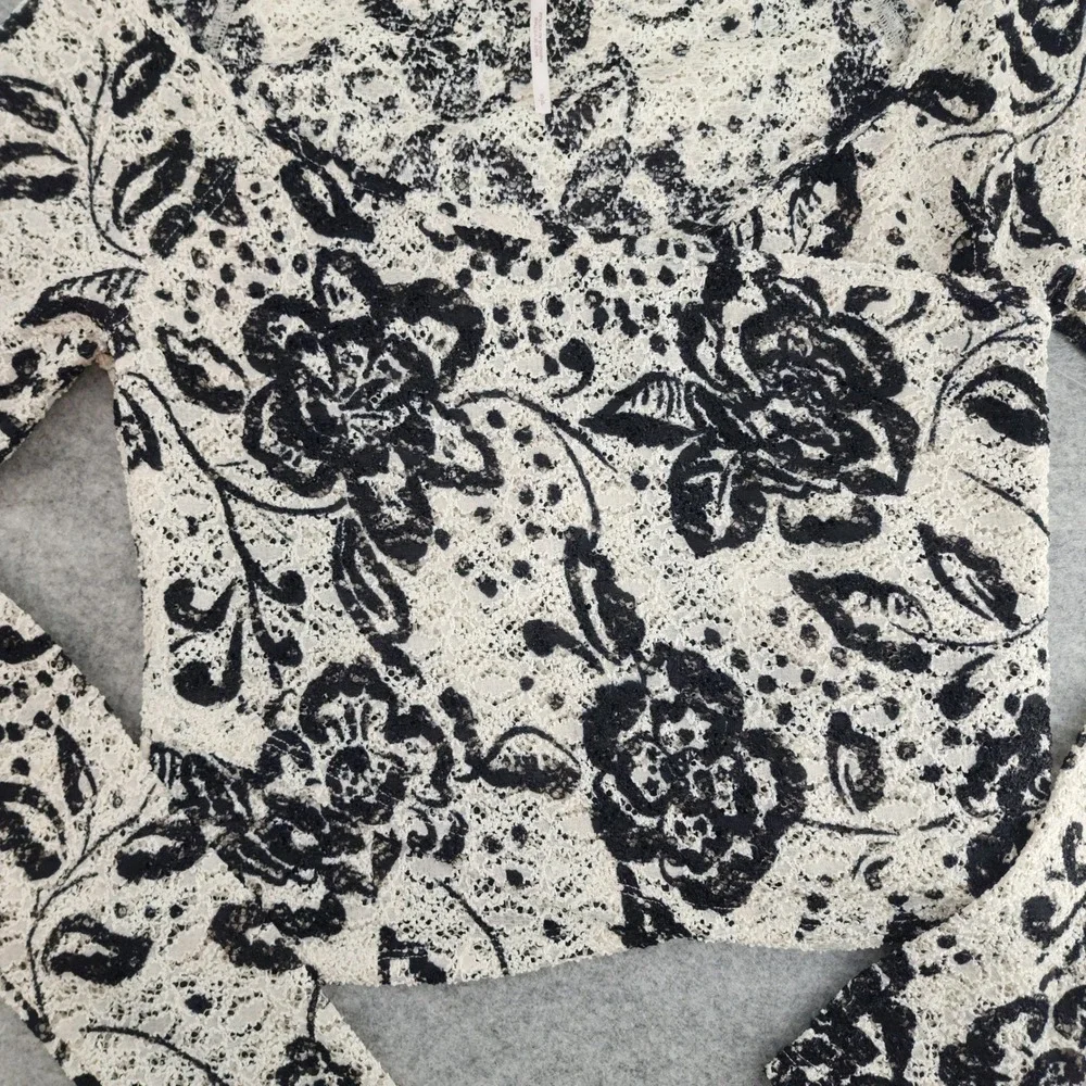 Free People Small | Cream Black Floral Lace Long Sleeve Cropped Square Neck Top