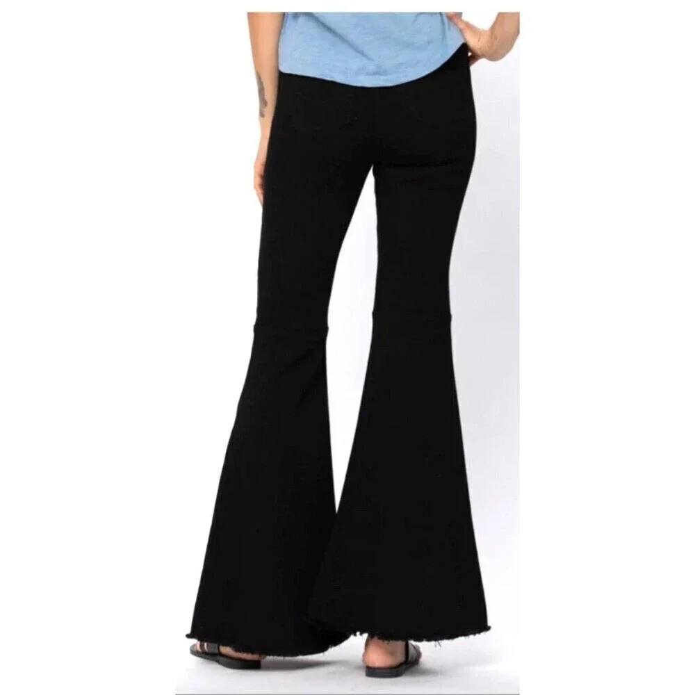 Judy Blue Jeans Womens Sz 7 Black Super Flare High Rise Dark Wash Raw Hem 1083U4
