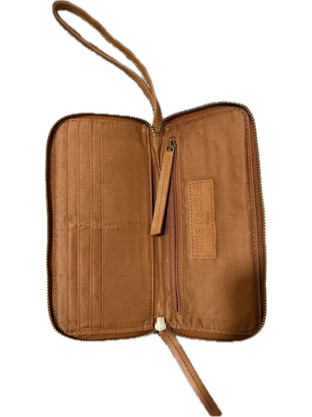 Free People Cognac Leather Zip Around Wristlet Wallet