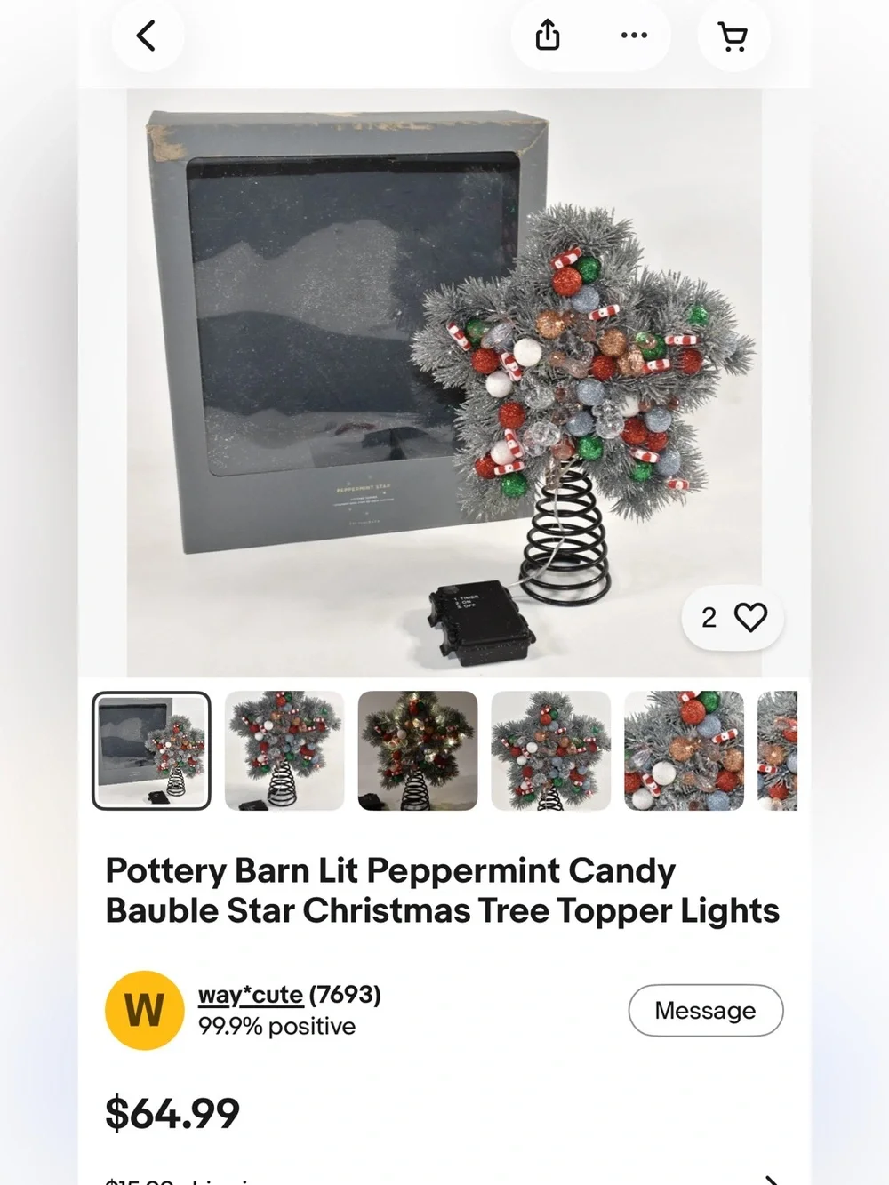 Brand New Pottery Barn Peppermint Star Lit Tree Topper