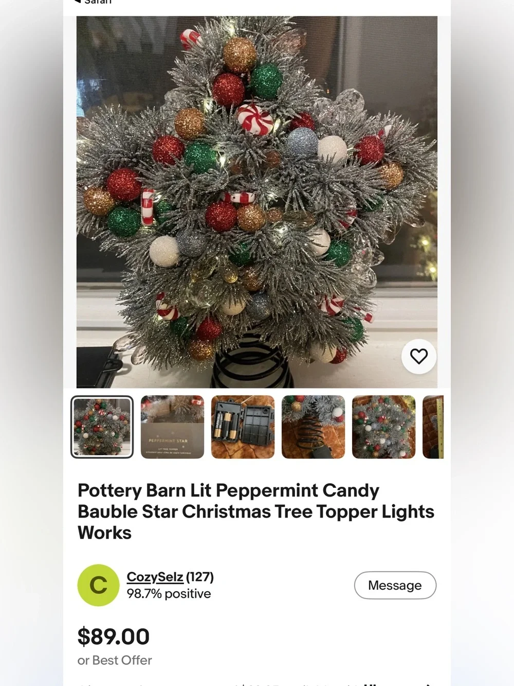 Brand New Pottery Barn Peppermint Star Lit Tree Topper