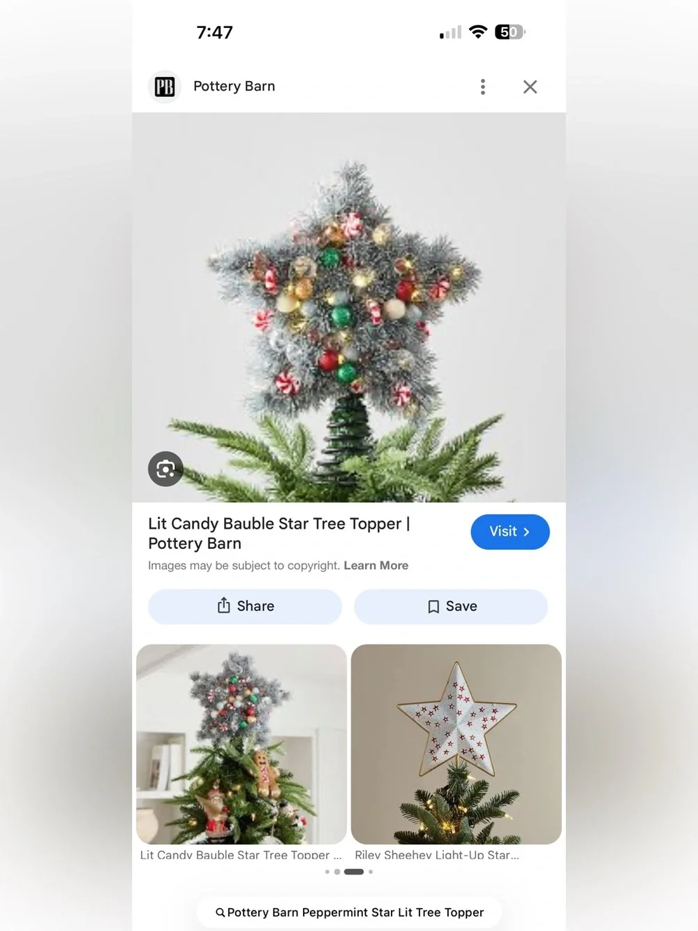 Brand New Pottery Barn Peppermint Star Lit Tree Topper