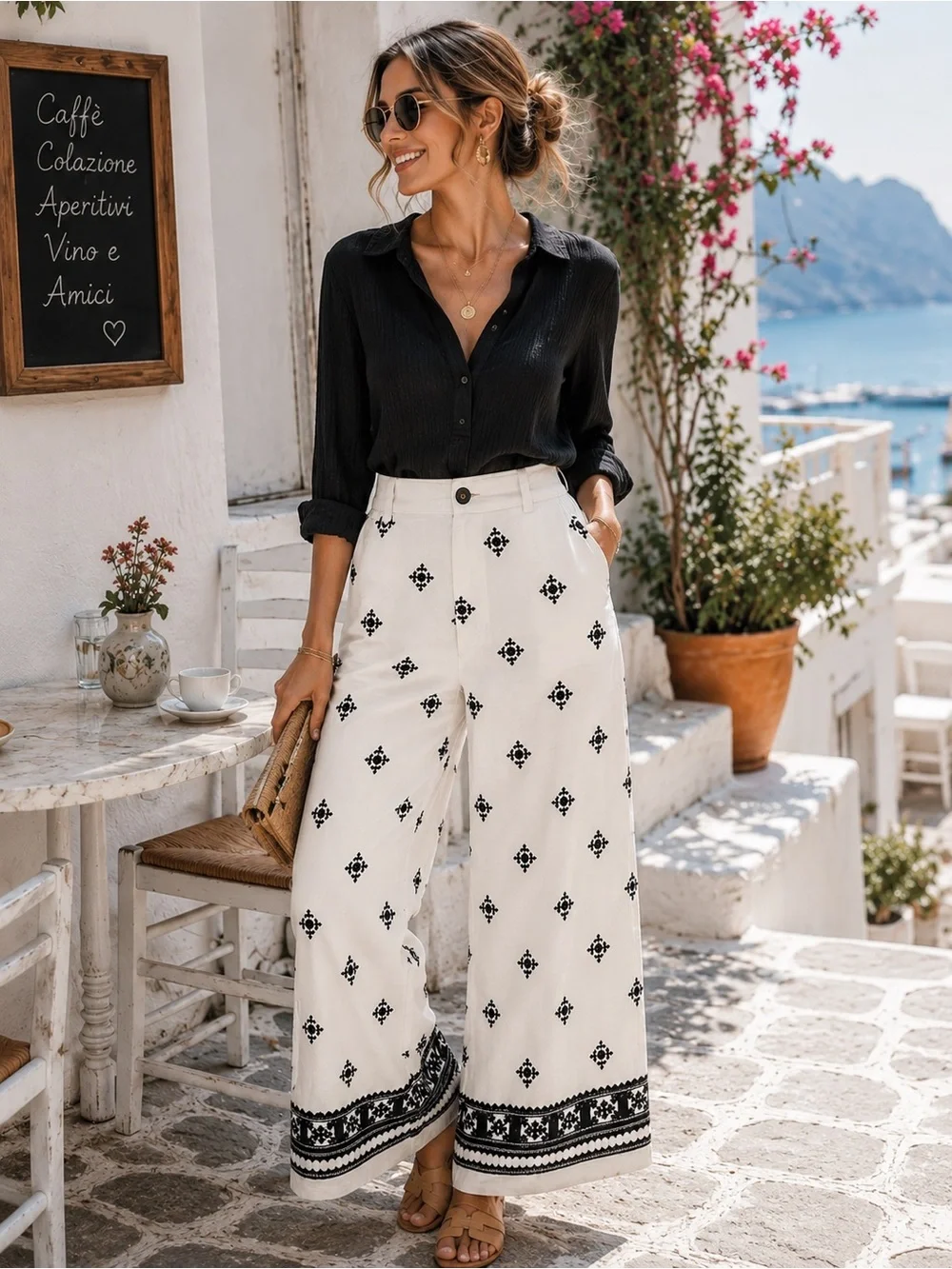✨ Zara Embroidered Wide Leg Pants | Coastal Boho Resort Linen Blend Trousers |