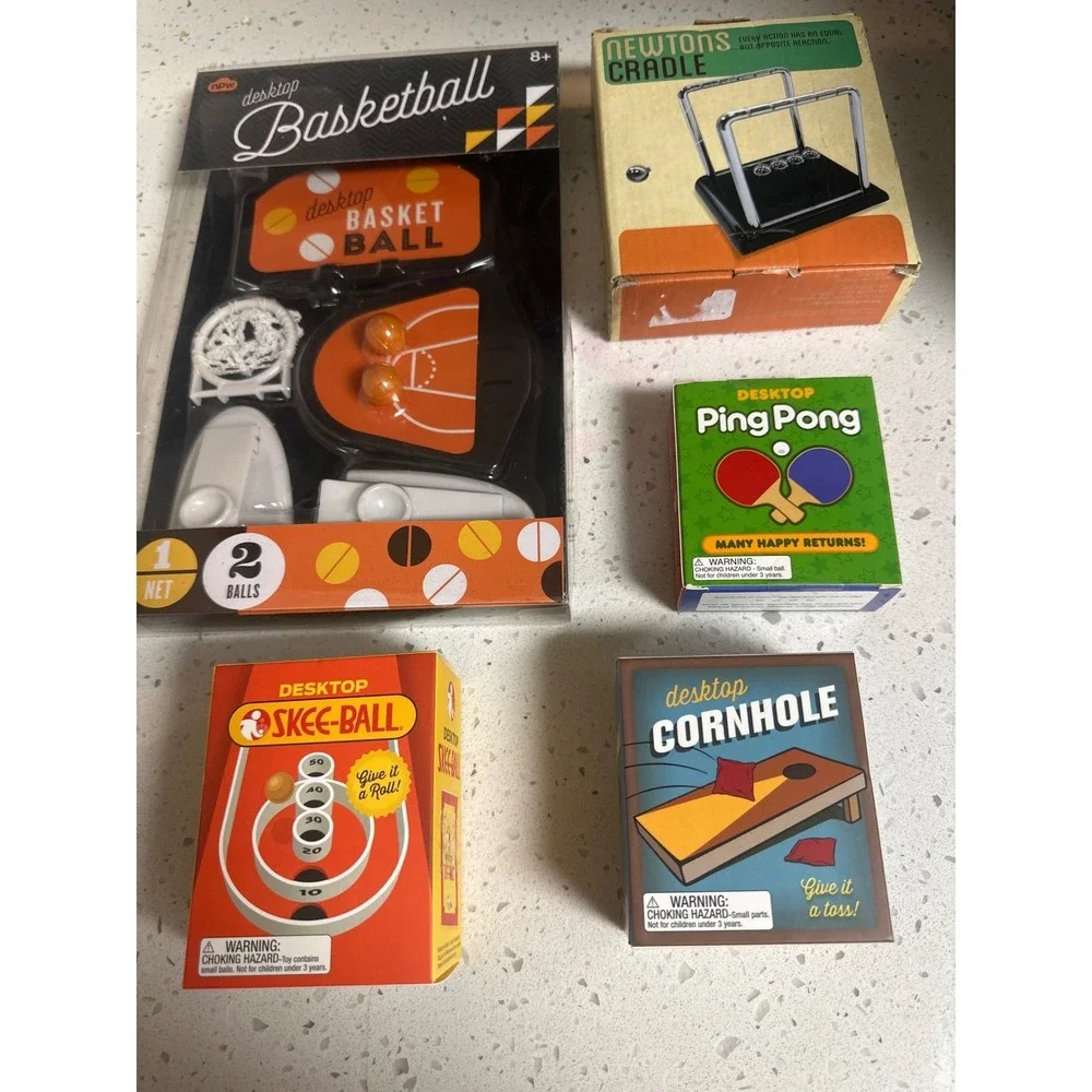 Desktop Games Basketball, Newton's Cradle, Ping Pong, Skee-Ball, Cornhole