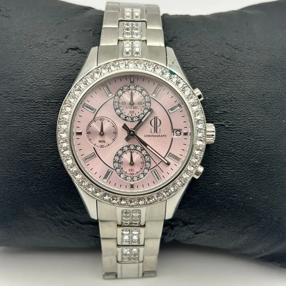 Jennifer Lopez Silver Tone Pink Dial Crystal Accents Women’s Chronograph Watch