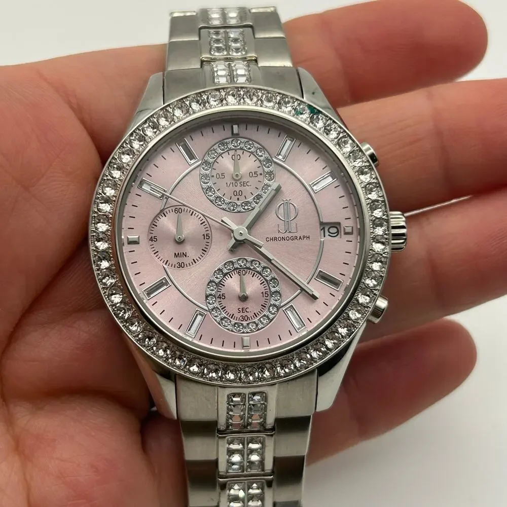 Jennifer Lopez Silver Tone Pink Dial Crystal Accents Women’s Chronograph Watch