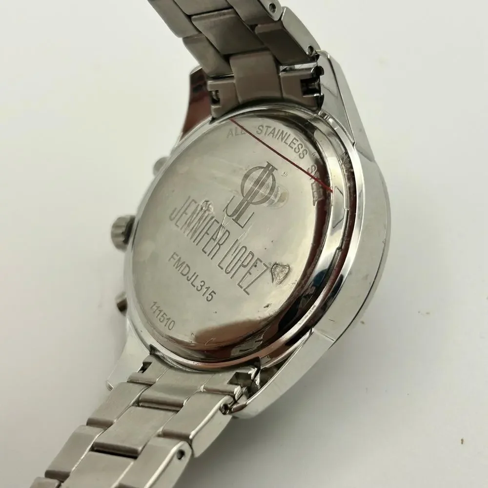 Jennifer Lopez Silver Tone Pink Dial Crystal Accents Women’s Chronograph Watch