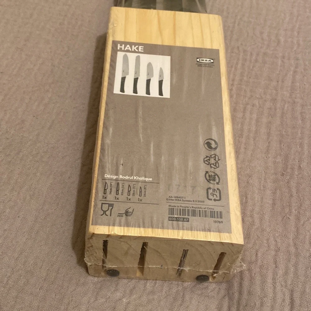Ikea Hake 4pc Stainless Steel Knife Set + Wooden Holding Block New