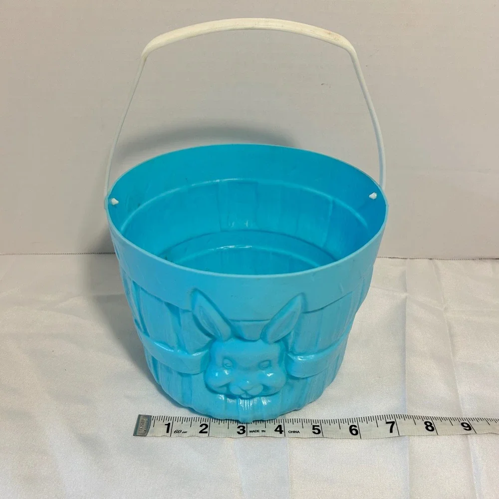 Vintage‎ Blue Plastic Easter Basket Bunny Face Handle Childrens Toy Storage