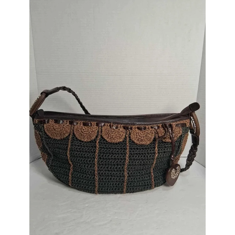 Brighton Hobo Purse Brown‎ Tan Crochet Leather Heart Charm Shoulder Bag