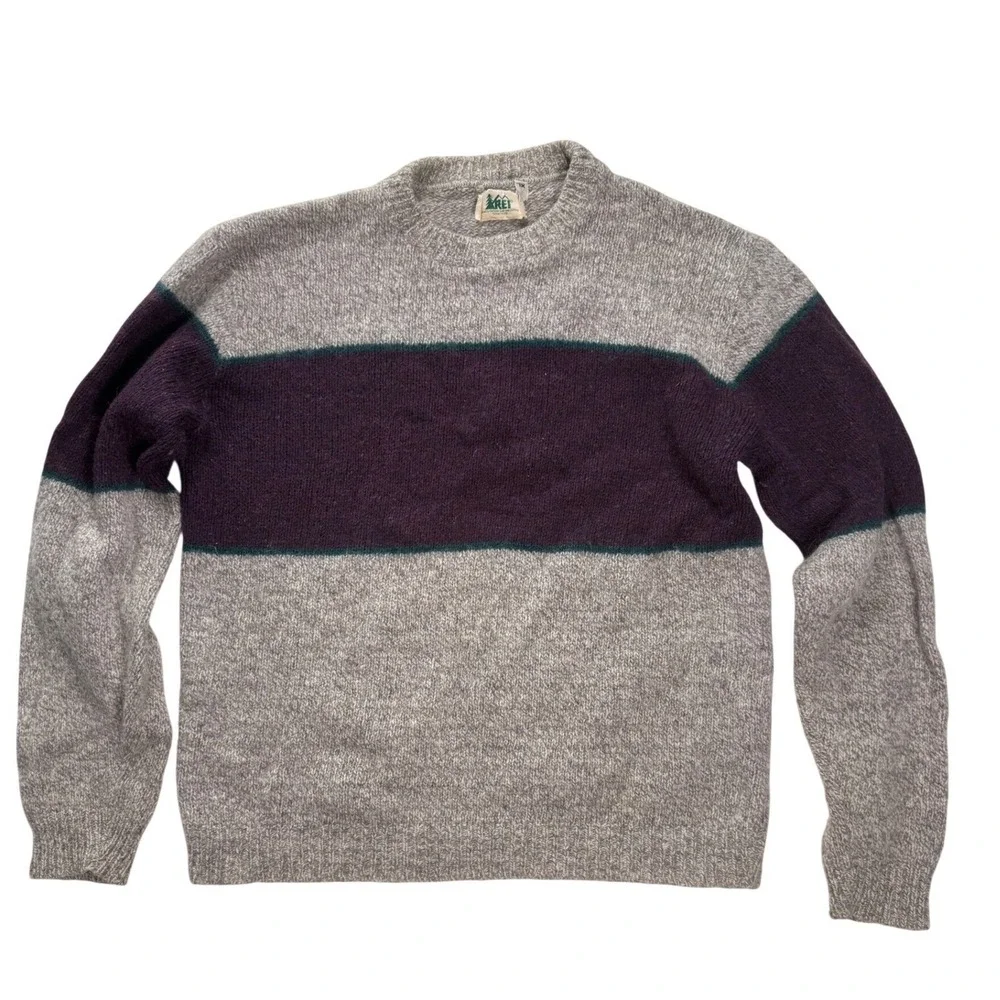 Vintage REI Wool Sweater Mens XL Made in USA Grey Purple Stripe Crew Neck‎ Knit