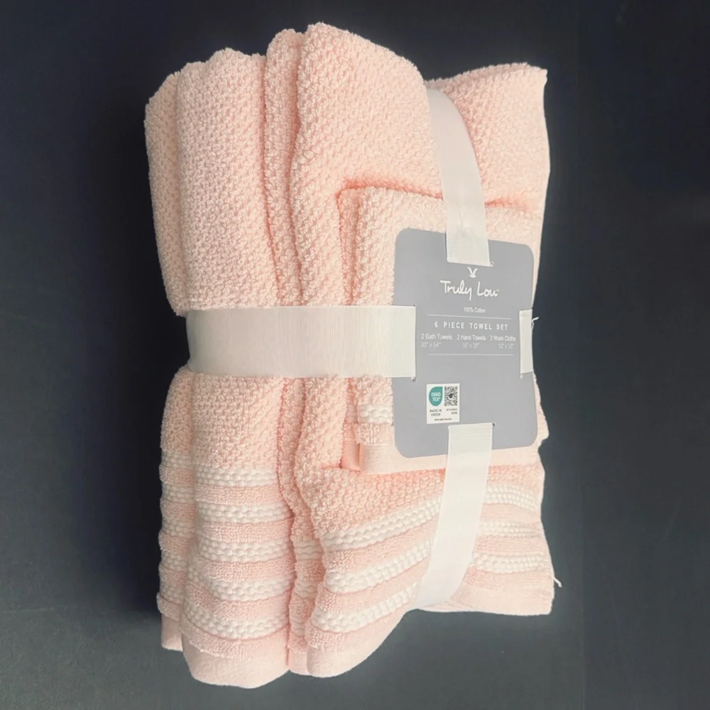 6pc TRULY LOU 100% Cotton Bath Towel Set - Dogwood Pink/White Stripes