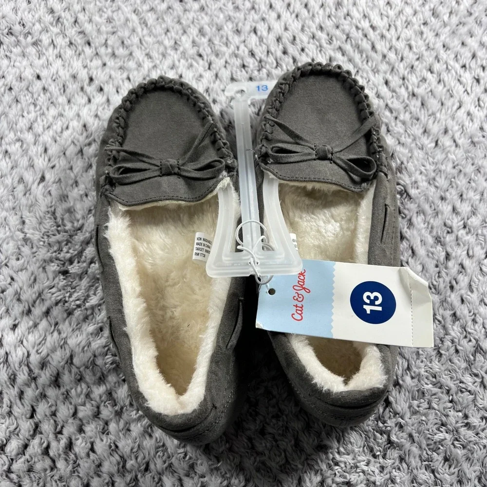 Cat Jack Toddler‎ Girls Gray Bow Moccasin Slippers Size 13 Plush Lined NWT