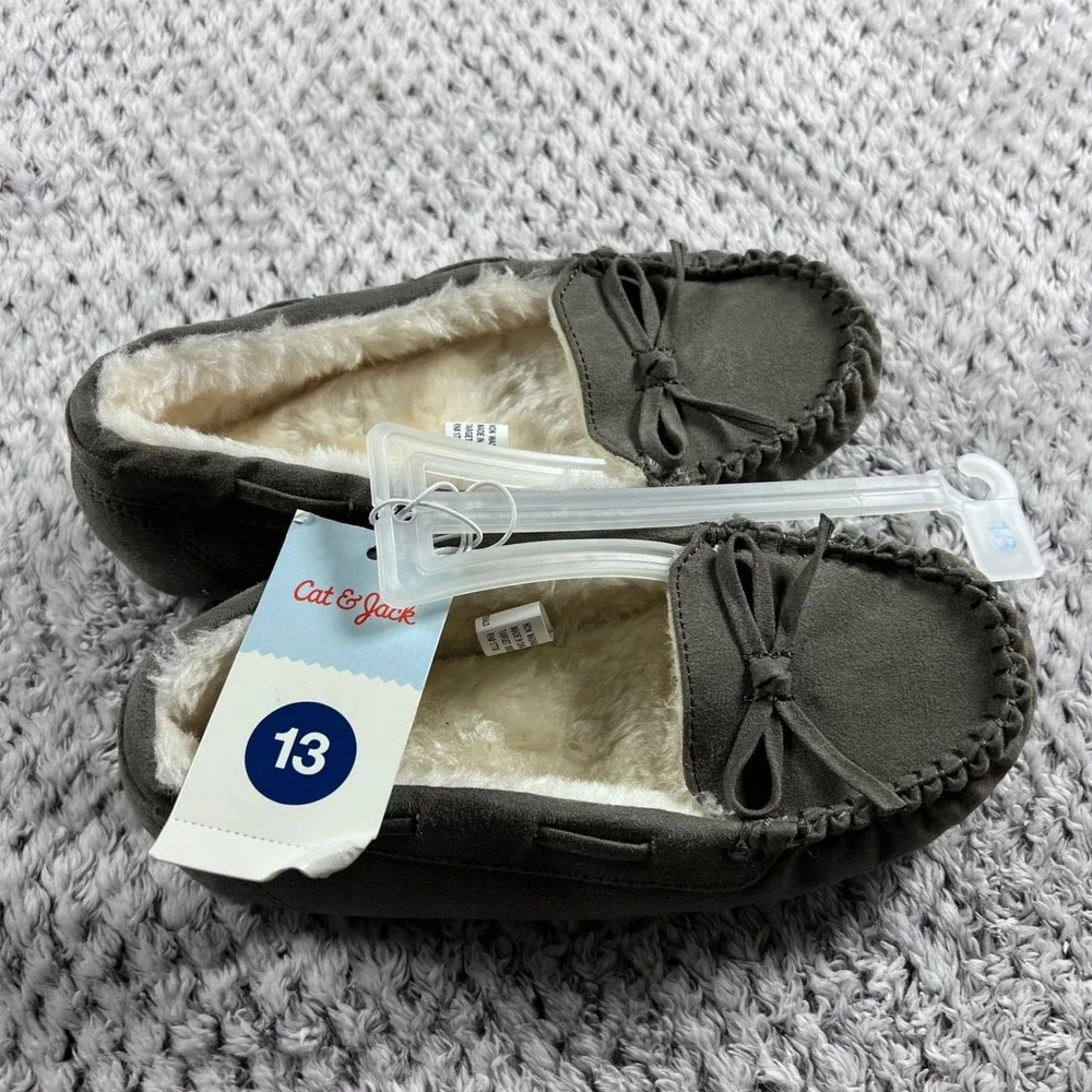 Cat Jack Toddler‎ Girls Gray Bow Moccasin Slippers Size 13 Plush Lined NWT