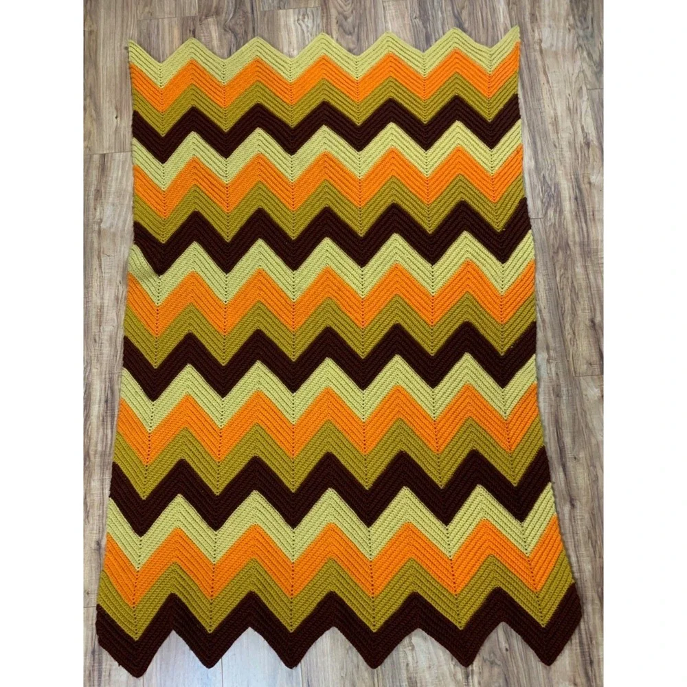 Vintage 70s Crochet Chevron Afghan Blanket Retro Orange Brown Boho Throw MCM