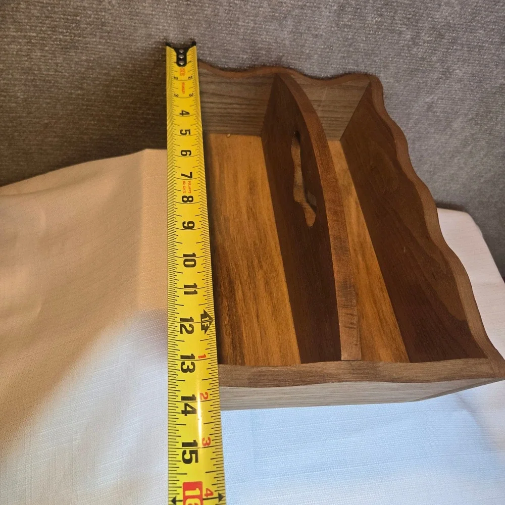 Vintage Style Wood Caddy Scalloped Edge Etched Floral Handle Organizer Box