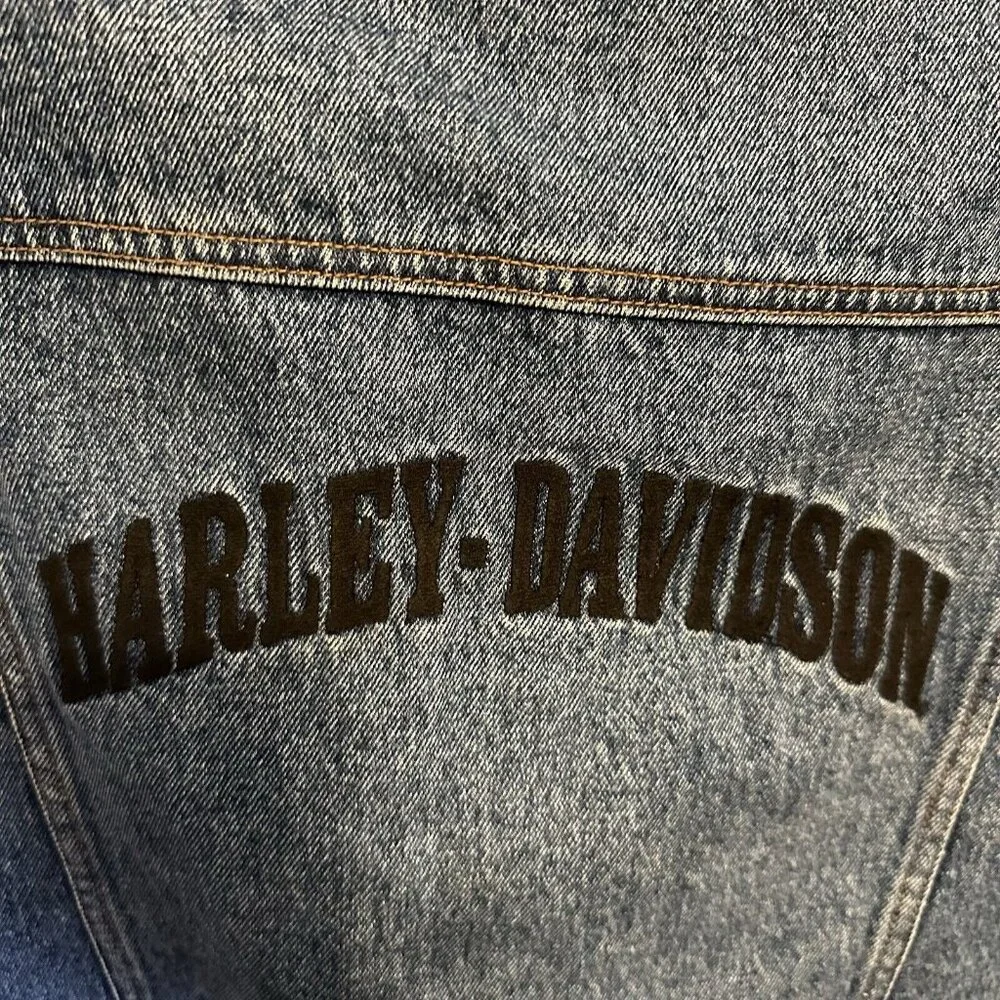 Harley-Davidson Mens Biker Denim Vest-3XL XXXL Snap Leather Patch Pockets‎ Core