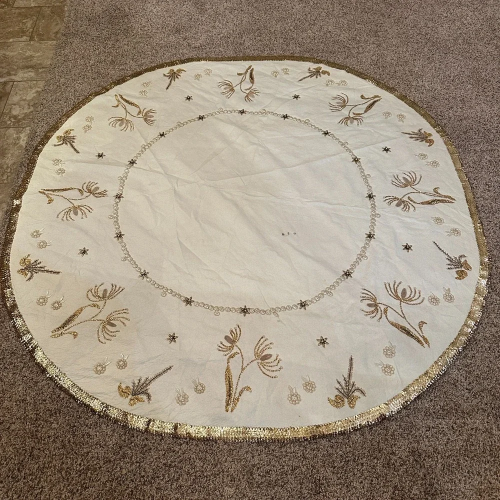 STUNNING Heavy Gold Beaded Table Ivory Large Tablecloth Topper Thick Felt Fabric