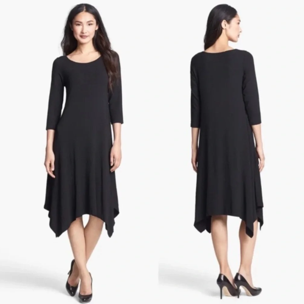 Eileen Fisher Asymmetrical Black Dress 3/4 Sleeve, Black, Large