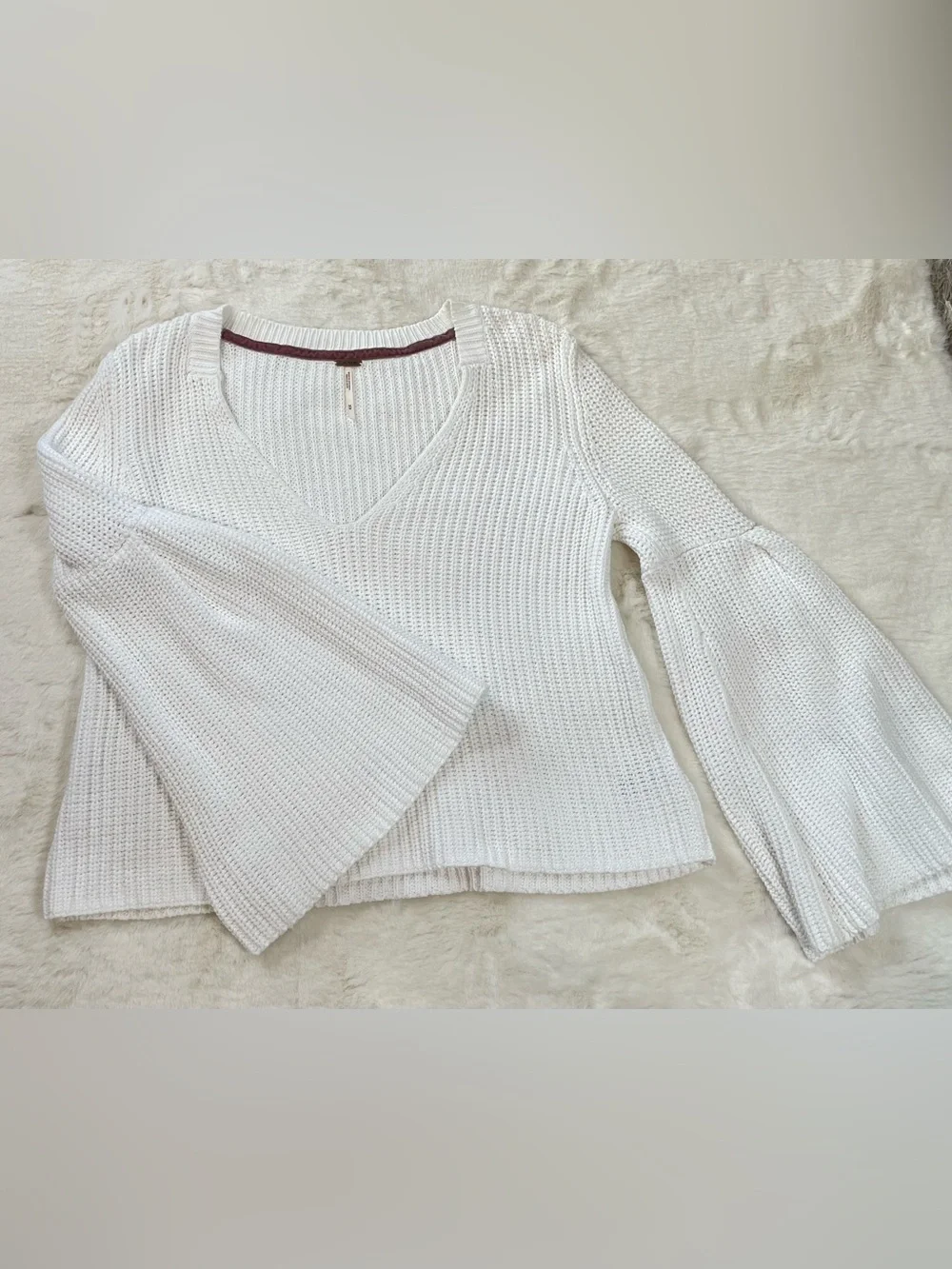 Free People White V-Neck Bell Sleeve Knit Sweater