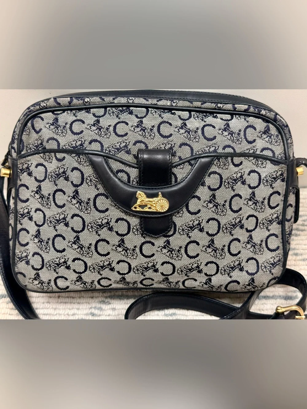 CELINE Vintage 80’s Navy C Sulky Canvas Monogram Carriage Adjust. Crossbody