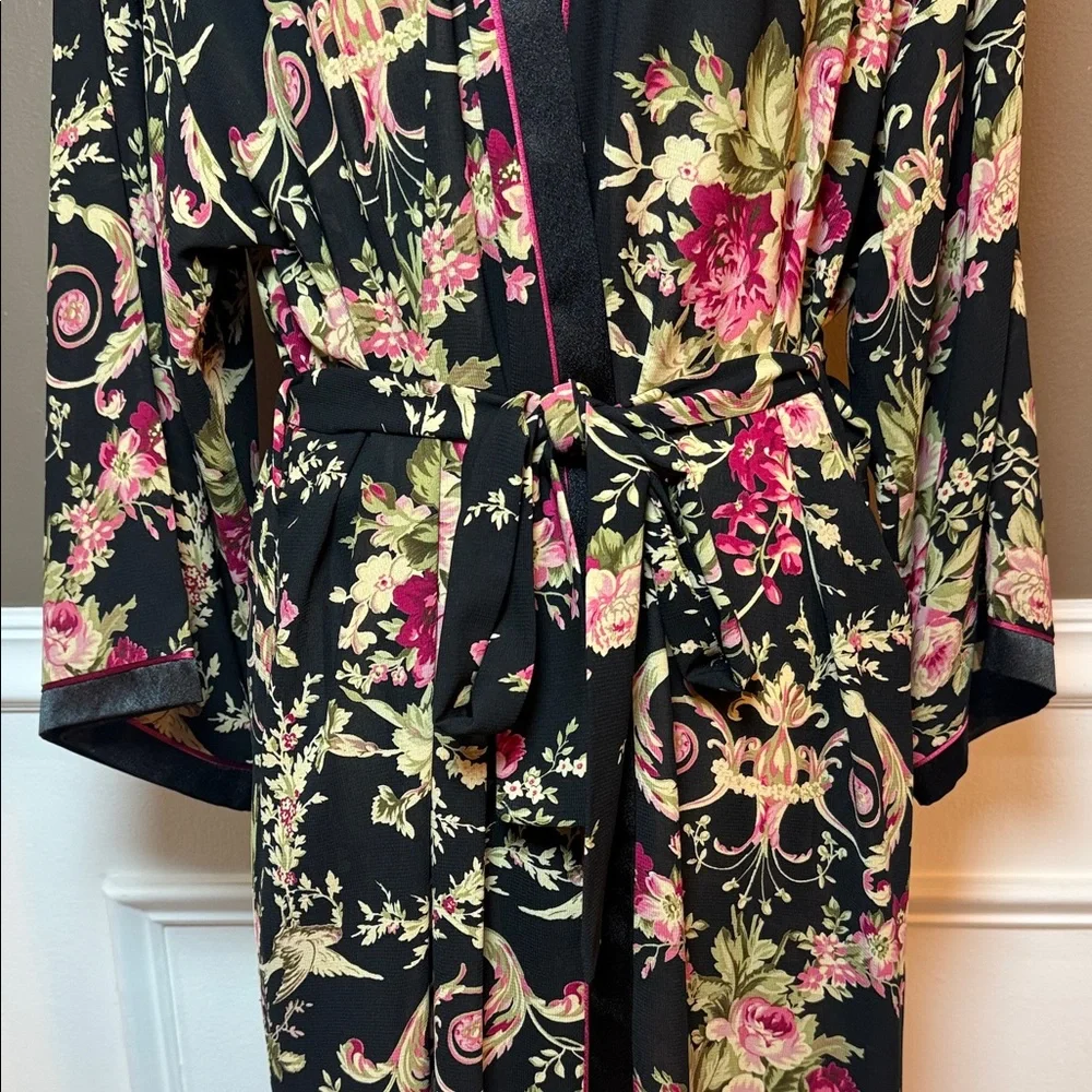 Oscar de la‎ Renta Pink Label Vintage Floral Satin Long Robe Belted S