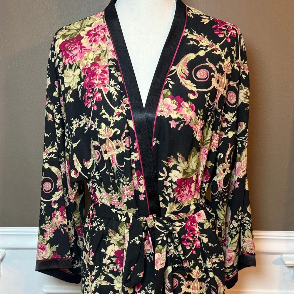 Oscar de la‎ Renta Pink Label Vintage Floral Satin Long Robe Belted S