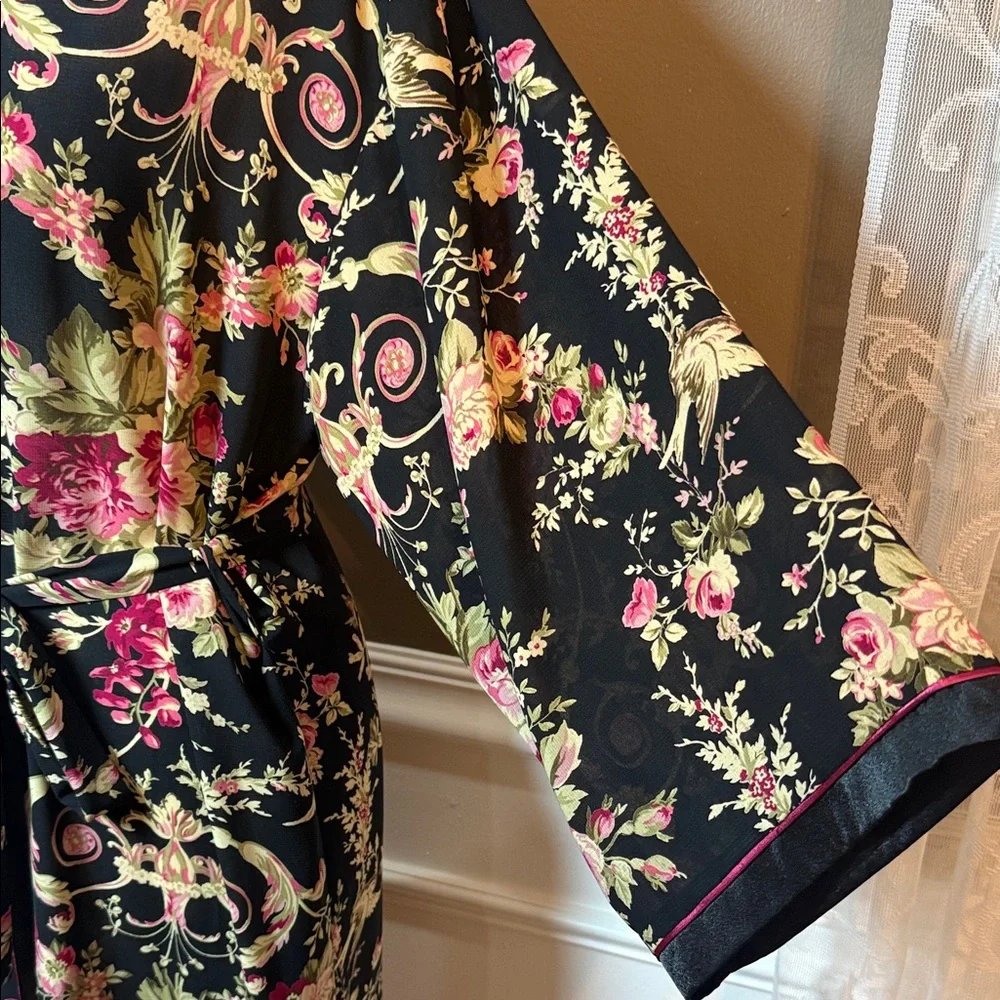 Oscar de la‎ Renta Pink Label Vintage Floral Satin Long Robe Belted S