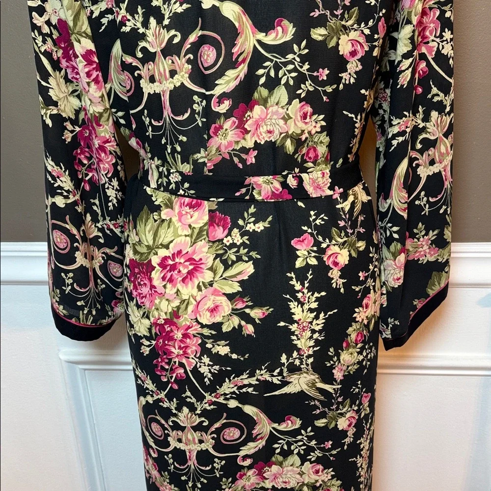 Oscar de la‎ Renta Pink Label Vintage Floral Satin Long Robe Belted S