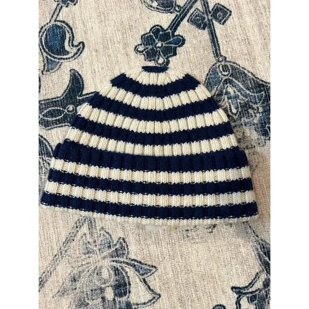 NWT Everlane Unisex The Cashmere Wool Beanie Hat Navy Cream Striped One Size