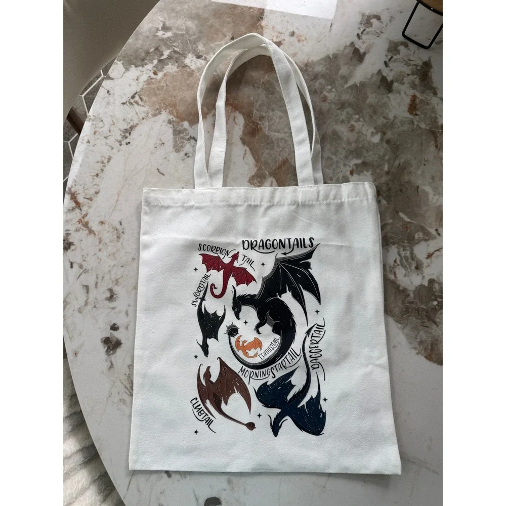 Dragontails Fantasy Graphic Canvas Tote Bag Cream Mythical Dragon Art
