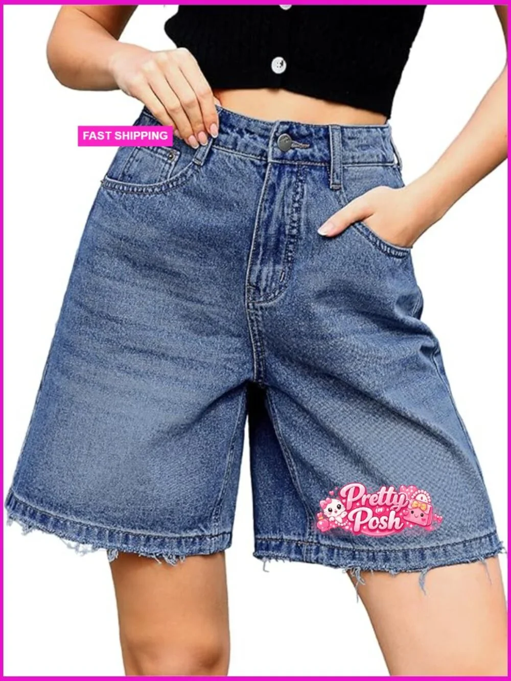 Baggy Bermuda Jean Shorts - Loose Fit Wide Leg Knee Length with Elastic Waist