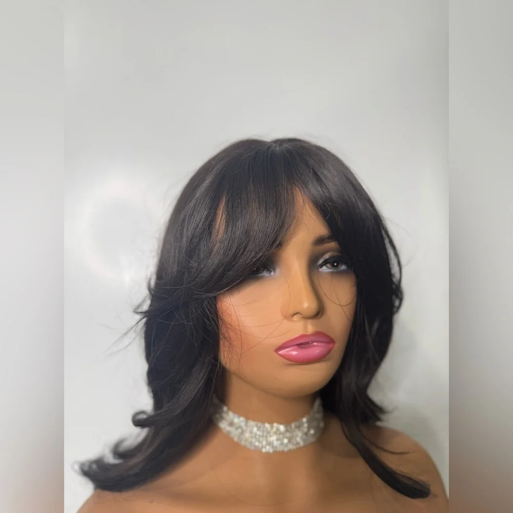 Long Black Layered Synthetic Wig – Natural Jet Black, Curtain Bangs