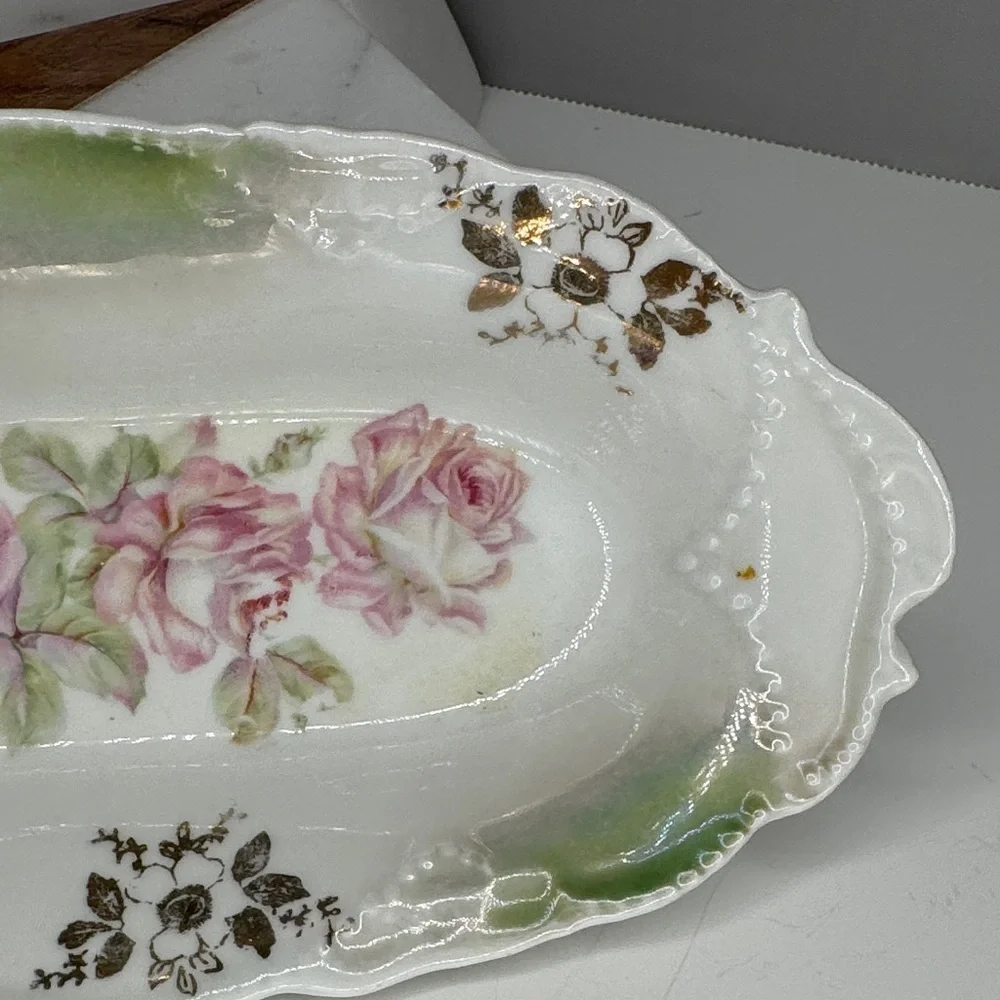 Early 1900s German Pink Shabby Roses Oval Dish