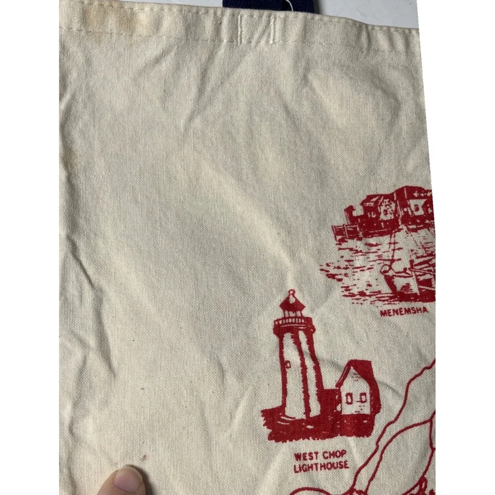 Martha's Vineyard Canvas Tote Bag Coastal Nautical Red Graphic Beach Bag OS