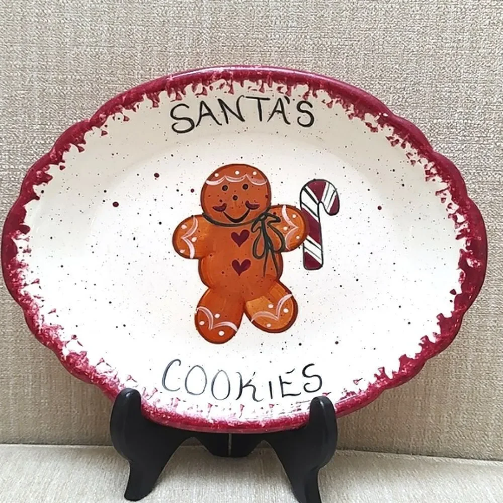 Vintage Santa's Cookies Plate Gingerbread Man Oval Scalloped Dish 1990's