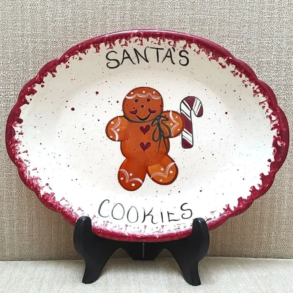 Vintage Santa's Cookies Plate Gingerbread Man Oval Scalloped Dish 1990's