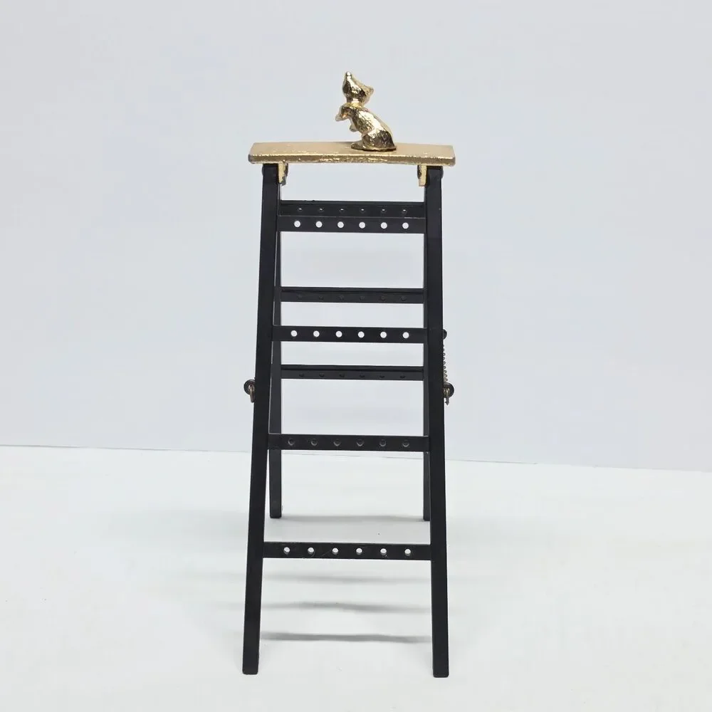 Vintage Jameco Gold Tone Kitten Cat Black Ladder Earrings Holder Stand Organizer
