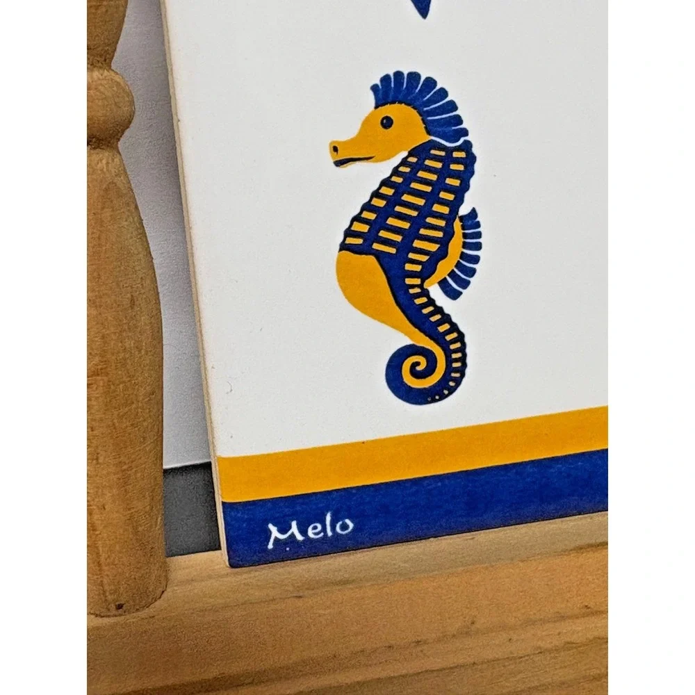 Melo Algarve Portugal Decorative Tile Plaque Wooden Frame Hooks Fish Seahor