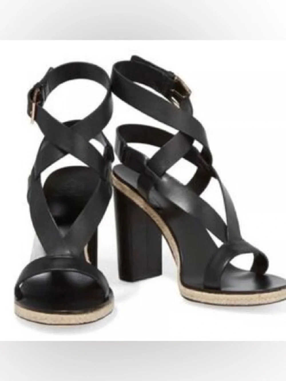 Tory Burch Marbella Leather Espadrille Block Heel Sandals Black Size 6.5