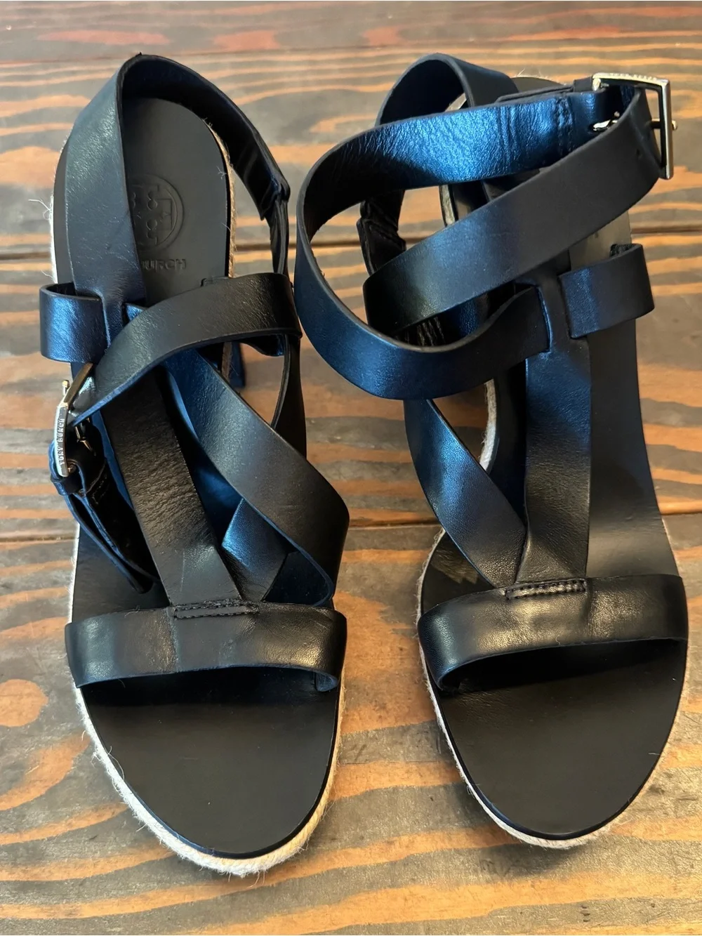 Tory Burch Marbella Leather Espadrille Block Heel Sandals Black Size 6.5